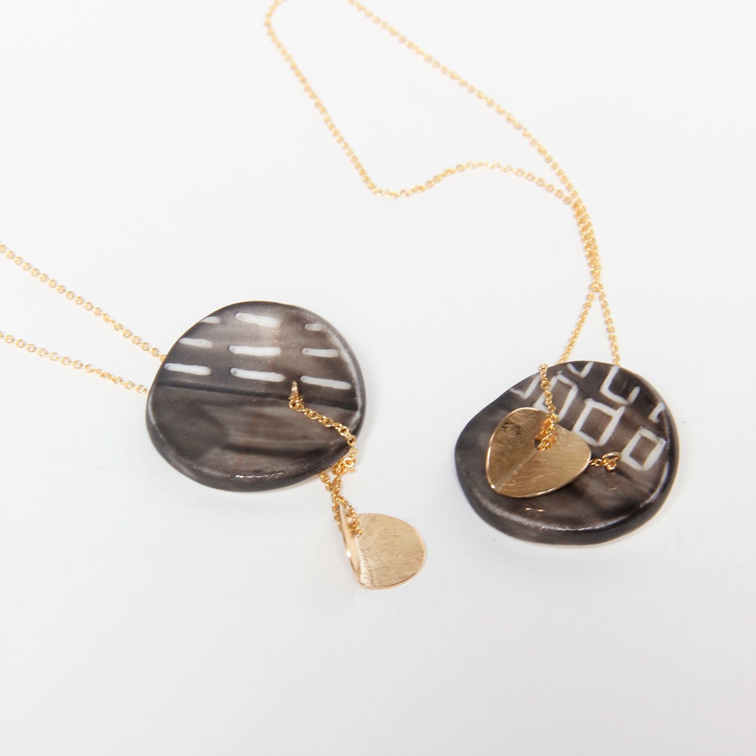 Chayle Jewellery: Eucalyptus Porcelain Large Double Pendant Black Wash Yellow Gold-Fill Product Image 2 of 4