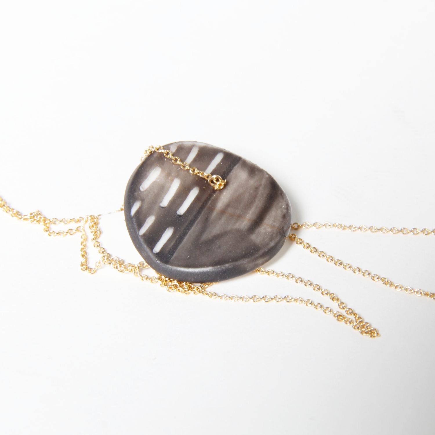Chayle Jewellery: Eucalyptus Porcelain Large Double Pendant Black Wash Yellow Gold-Fill Product Image 3 of 4