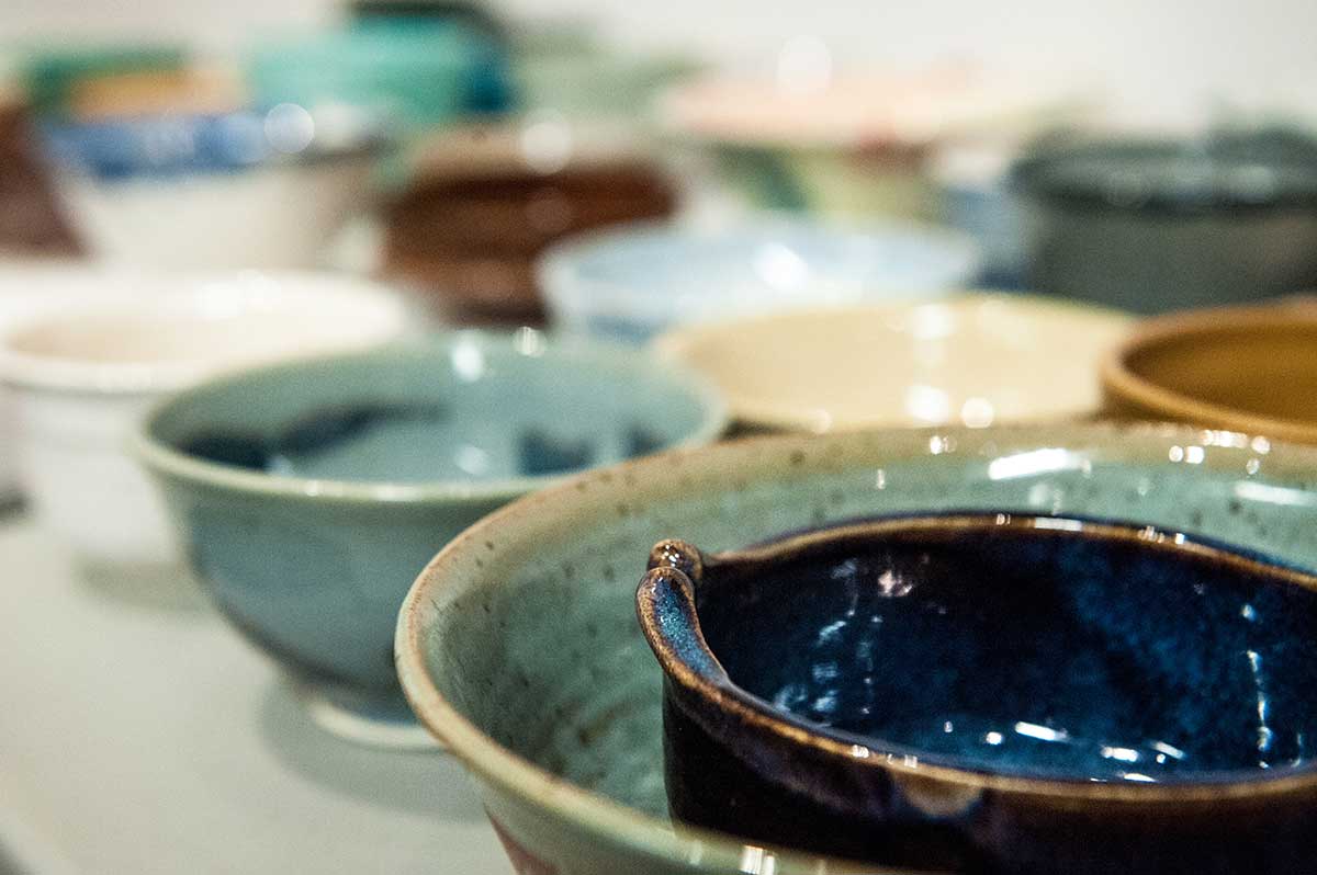 A table with ceramic bowls