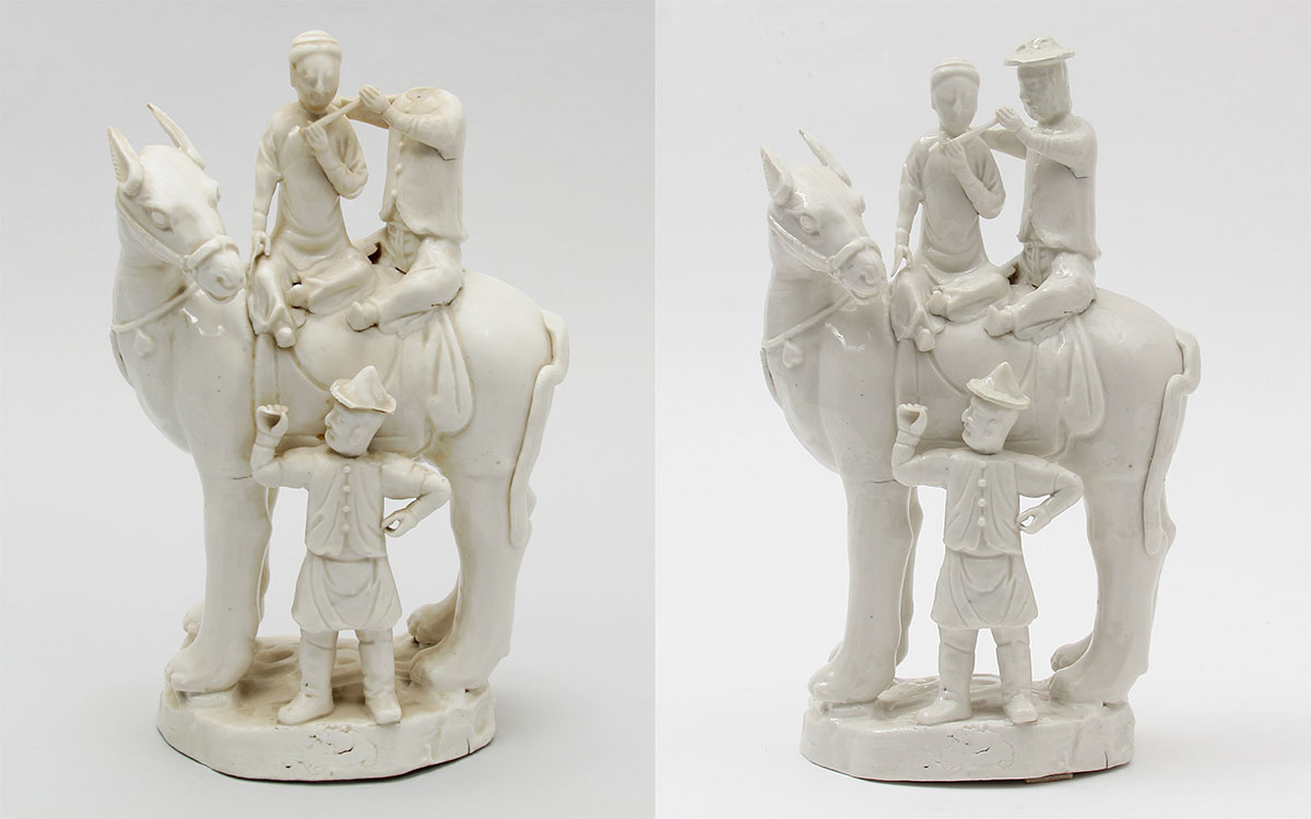 Chinese porcelain figure of three men and a horse, shown before restoration and after