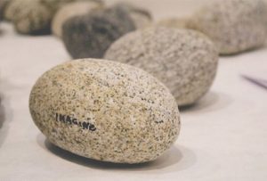 Yoko Ono, Stone Piece (Galerie Lelong, New York 2015/2016), 2015, River rocks, Dimensions variable; Installation view: THE RIVERBED, Galerie Lelong, New York, December 11, 2015 - January 30, 2016 © Yoko Ono, Courtesy Galerie Lelong & Co., New York