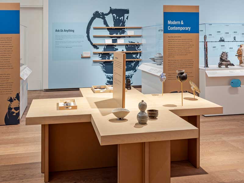 A view of the exhibition Test Kitchen: A Museum Project, with ceramic handling objects on a table