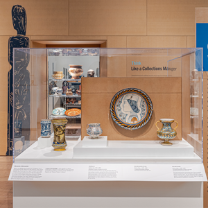 Ceramic objects in a glass case with open storage visible behind them